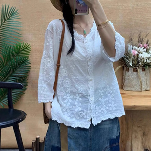 Summer Thin V-Neck Double-Sided Embroidered Three-Quarter Sleeve Women's Versatile Shirt Cardigan Artistic Shirt Top Zj013