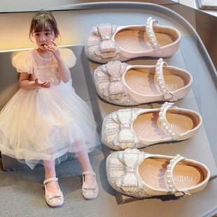 Girl's Small Leather Shoes 2025 Spring and Autumn New Children's Rhinestone Bow Princess Shoes Little Girl's Shoes Shoes Single-layer Shoes