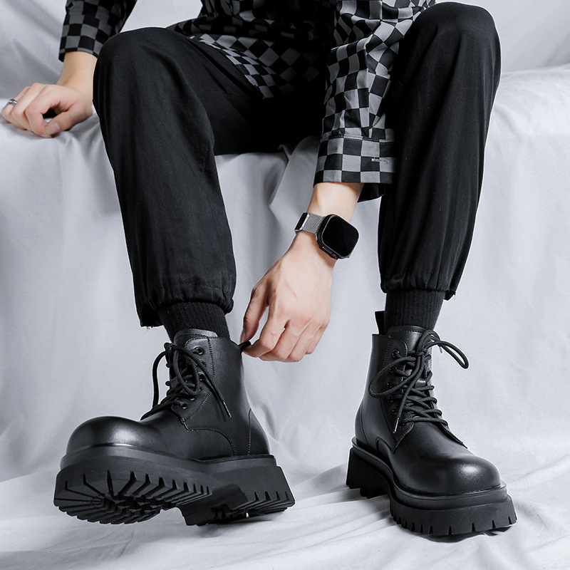 Black Martin for Men's 2024 New Summer Thick Sole Super Hot British Style Motorcycle Work Suit Short Boots 7362-R_voghion.com