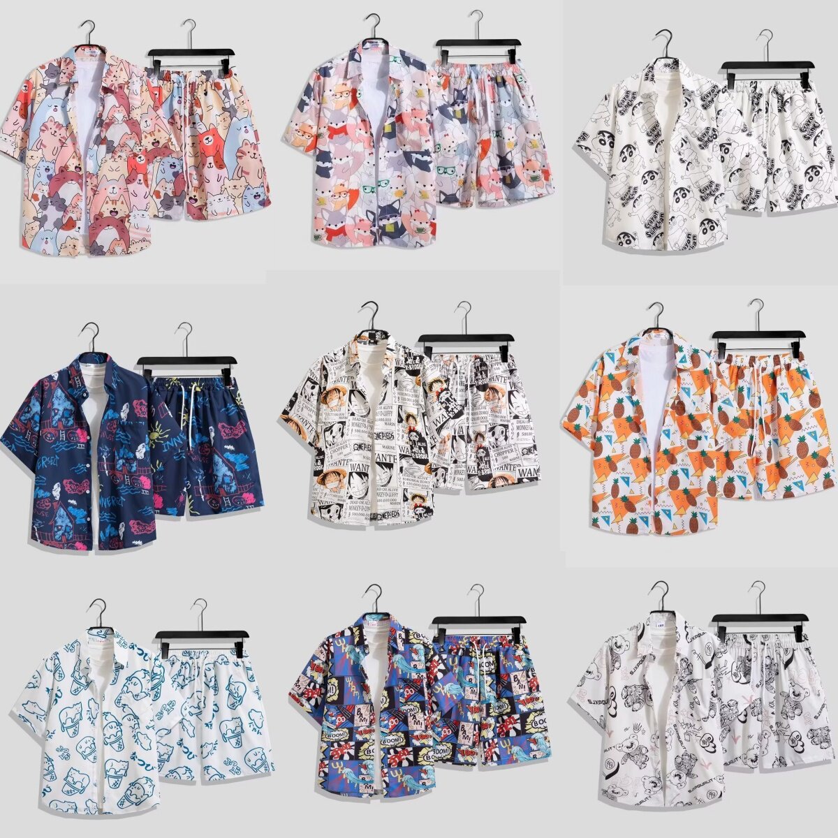 Japanese anime style beach Hawaiian floral shirt set for men, summer short-sleeved vacation shirt set, couple style.