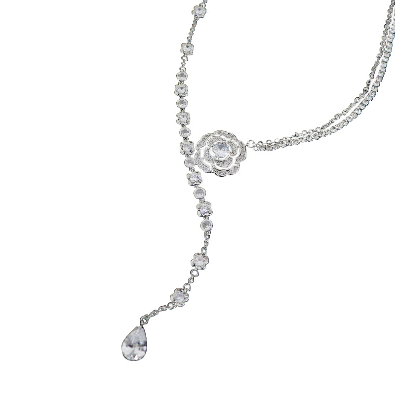 French New Micro-inlaid Zircon Camellia Woolen Chain Women's High-end Long Light Luxury Fashionable Simple All-match Necklace