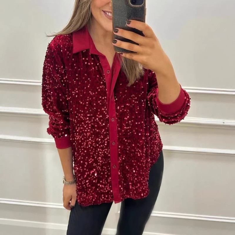 Amazon 2026 New Women's Fashion European and American Cross-Border Style Lapel Long-Sleeve Button Solid Color Sequin Shirt Top