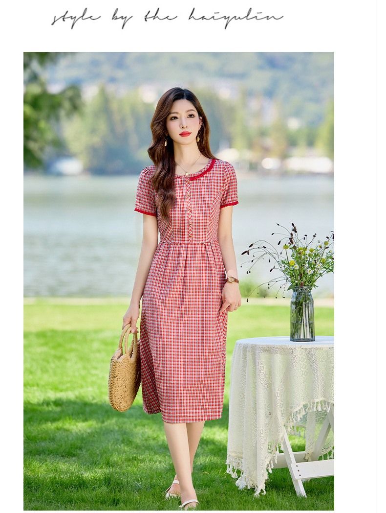 Đầm maxi nữ thắt eo cổ tròn họa tiết kẻ caro vintage — Màu ảnh chi tiết 14