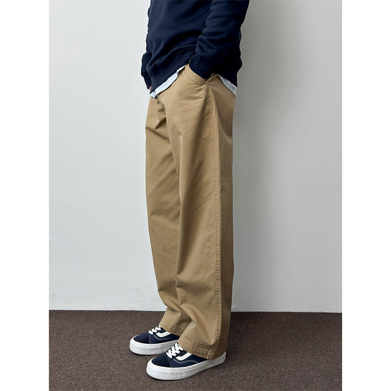 3D Hemmed Washed Pure Cotton Japanese Basic Style Straight Casual Pants for Men, Spring Season Loose Khaki Pants