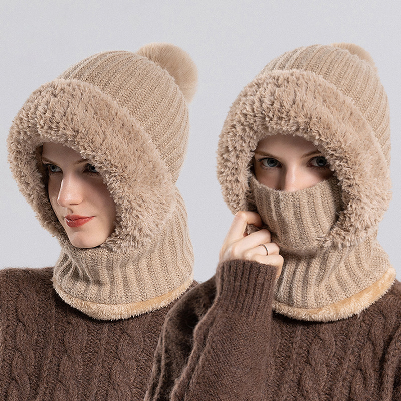 Knitted Hat, Neck Scarf, Mask, One-Piece Pullover Hat for Women, Winter Cycling Windproof Fleece-Lined Warm Woolen Hat Cross-Border
