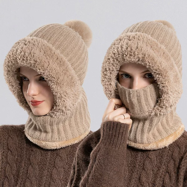 Knitted Hat, Neck Scarf, Mask, One-Piece Pullover Hat for Women, Winter Cycling Windproof Fleece-Lined Warm Woolen Hat Cross-Border