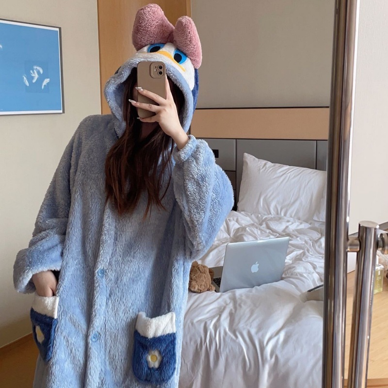 鸭鸭珊瑚绒睡衣女情侣加绒加厚冬季男女睡袍情侣家居服冬季睡裙女|undefined