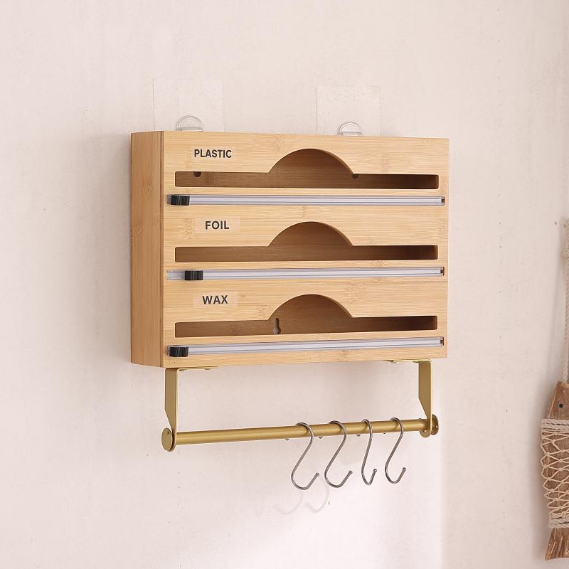 Envoltura de plástico de bambú caja de almacenamiento caja de corte de papel de aluminio caja de cortador de papel de cocina cajón de escritorio caja de almacenamiento de pared