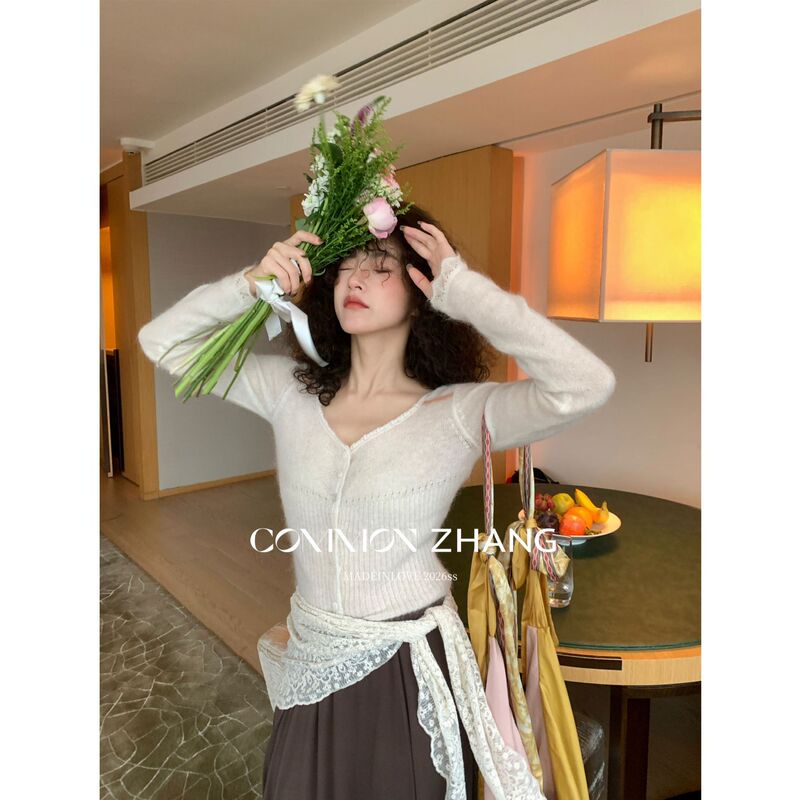 Youji Cz Zhang Sweet Contrasting Color Wool Knit Cardigan for Women, Skin-Friendly Alpaca Wool Sweater Base Layer C15777