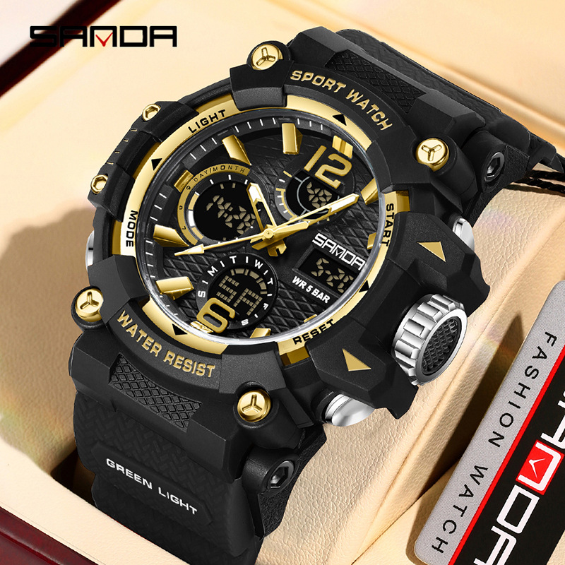 SANDA nuevo reloj de pulsera juvenil transparente al aire libre cool doble reloj de pantalla hombre impermeable luz nocturna reloj electrónico