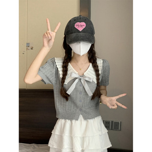 Sweet and Versatile Bow Contrast Color Doll Collar Cardigan Knitted Short Top