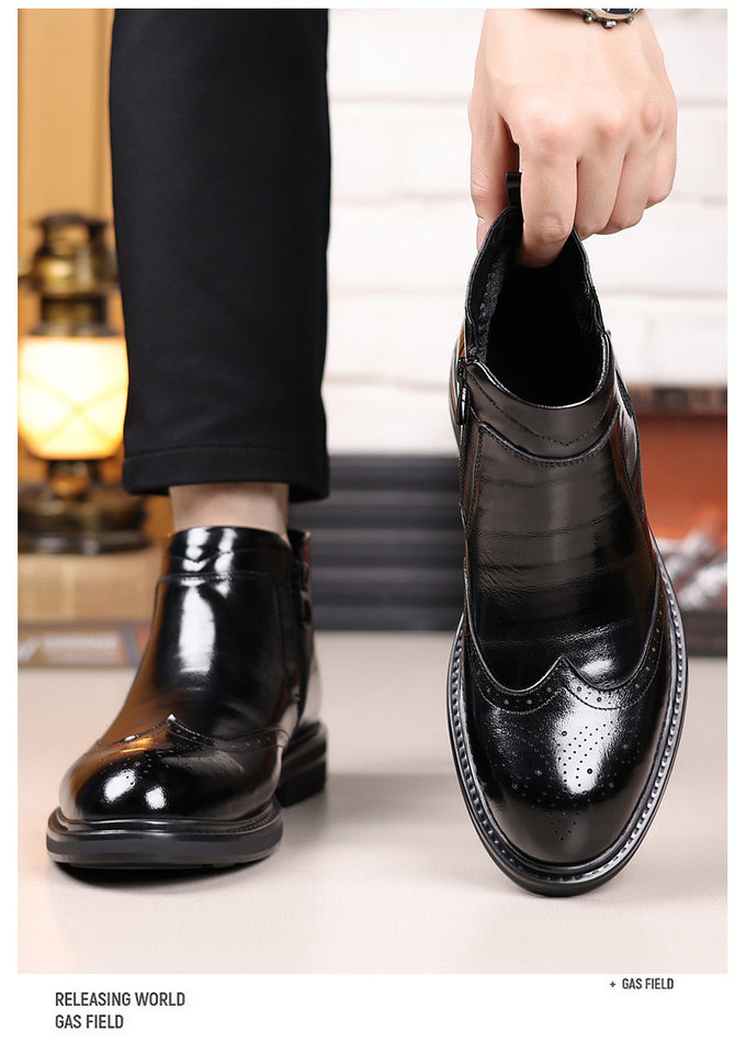 Giày bốt Martin nam da bò thật cổ trung, mũi nhọn, khóa kéo bên hông, gót 3–5 cm — Bốn mùa đen, Lông cừu đen chi tiết 5