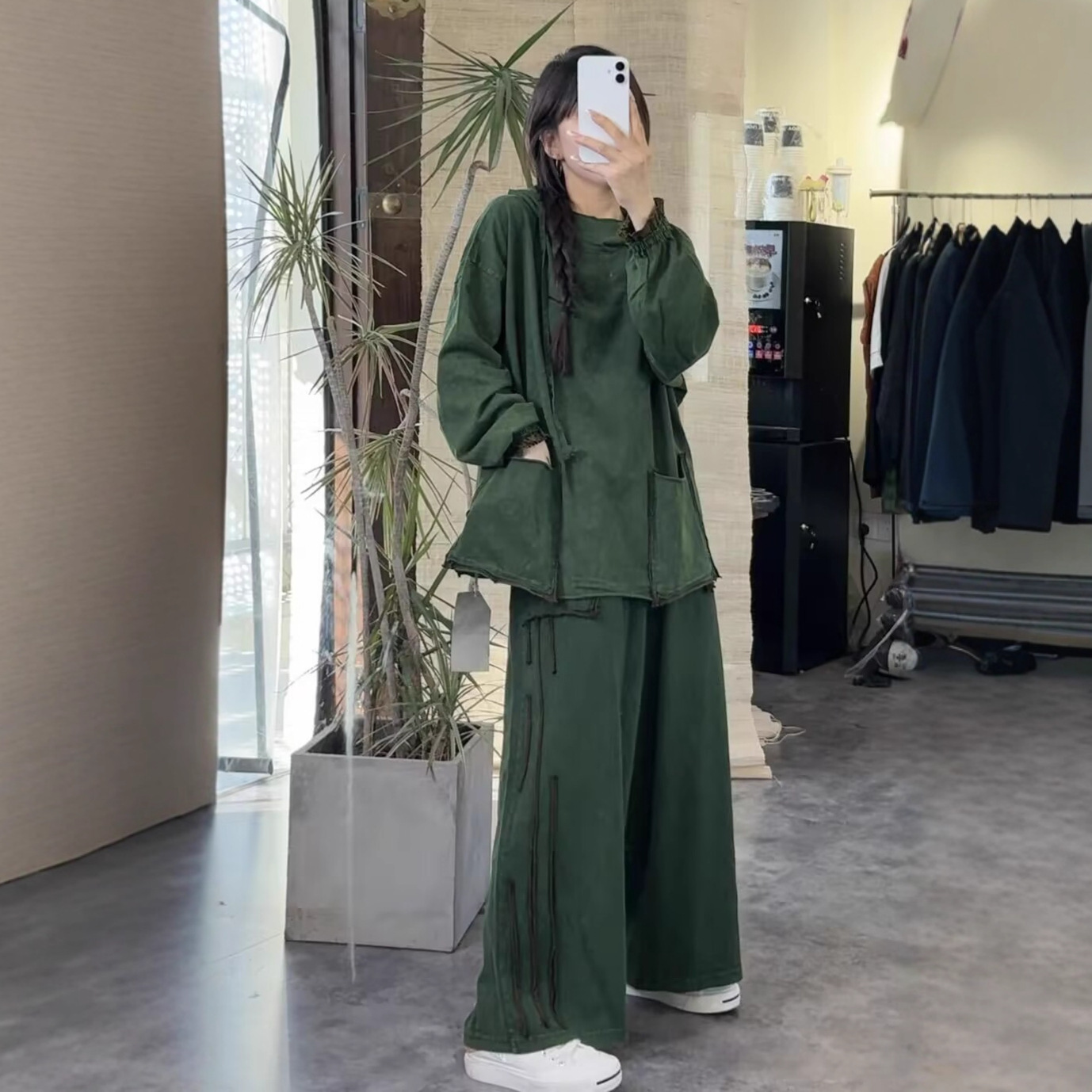 连帽T恤休闲裤两件套女装 秋款文艺复古贴条宽松休闲小众设计套装