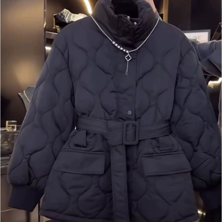 Down Jacket, Black Quilted Belted Coat, Winter Warmth, Sizes S–XL