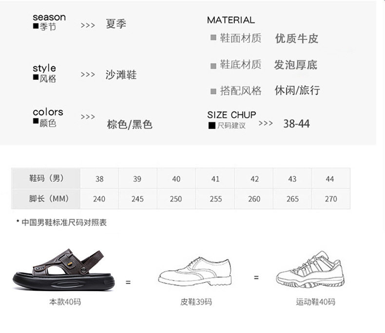 Dép sandal nam da bò lớp đầu đế dày xốp, quai hở ngón kiểu lười thoáng khí — G2S562 màu nâu, G2S562 màu đen chi tiết 8