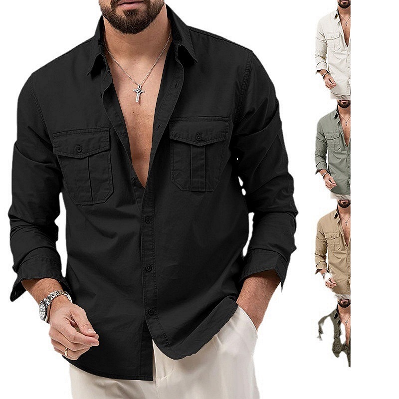 European and American Men's Long Sleeve Shirt Fashion Double Pocket Design Cross-border Foreign Trade New Casual Shirt Men's Essential
