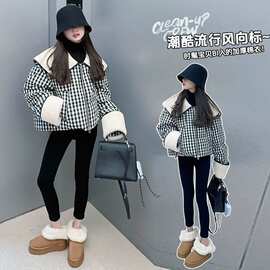 女童冬装棉衣2025新款洋气儿童手塞棉服冬季加厚格子短款棉袄外套