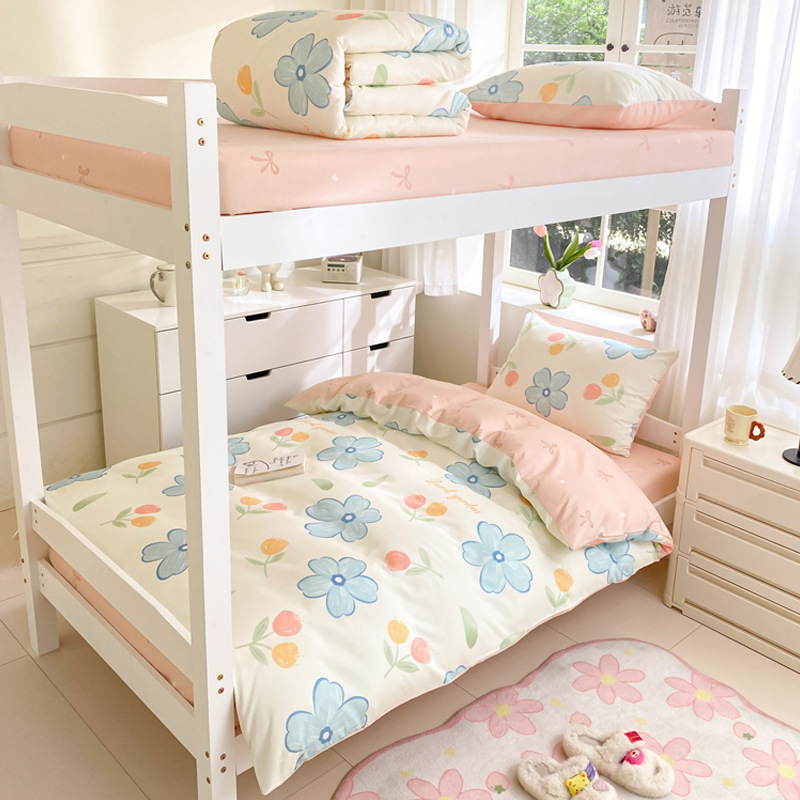 Edredón de algodón completo un conjunto completo de ropa de cama de seis piezas, dormitorio de estudiantes individuales, colchón de cama de tres piezas