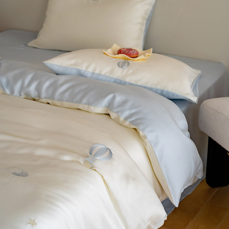 Summer Ins Cute Cartoon 80-Count Lenzing Tencel Four-Piece Set Light Blue Ice Silk Embroider Cool Bed Sheetss and Fitted Bed Sheetss