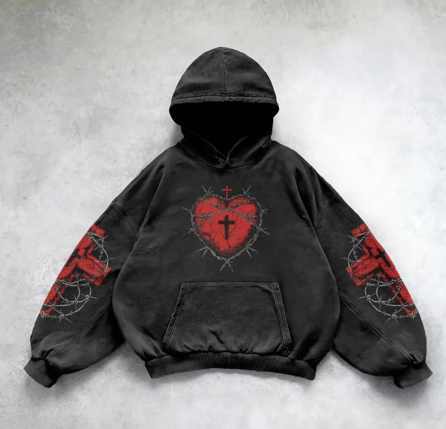 Men's Clothing Fashion Loose Pullover Cross Heart Print Side Pocket Hooded Sweatshirt_voghion.com