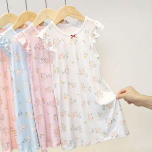 Girls Baby Nightgown Modal Summer Ice Silk Thin Medium and Large Kidsren Princess Style Girls Home Clothes Kidsren's Pajamas