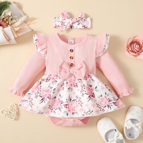 Baby clothes spring and autumn pure color patchwork floral nappy onesie for girls European and American style horizontal stripe onesie