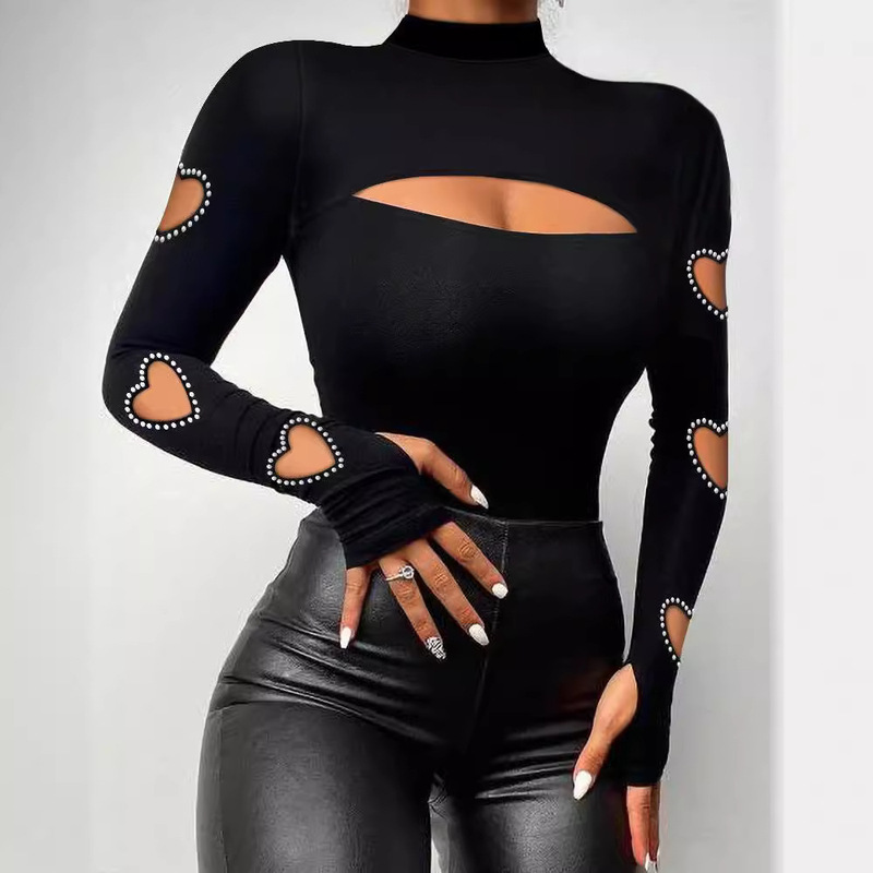 2023 European and American Foreign Trade women's clothing fashion trend love hollow bubble beads long sleeve lace tight top 2023 European and American Foreign Trade women's clothing fashion trend love hollow bubble beads long sleeve lace tight top