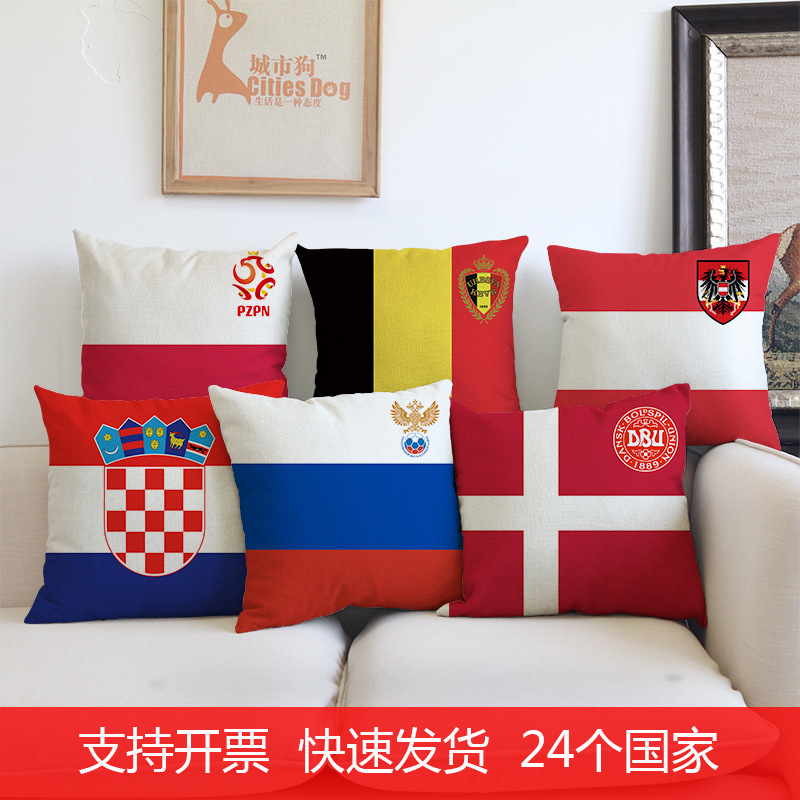 European Cup Pillow 24 National Flag Football Club Team Emblem Linen Pillow Case Sofa Cushion Bedside Pillow