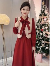 【锦意】新款秋冬复古法式气质显瘦赫本风马甲连衣裙套装