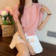 夏季新款韩版修身开衫时尚上衣女小众温柔T恤圆领单排短袖针织衫