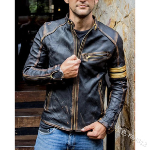 2025 Export Wish Amazon Autumn and Winter New Fashion Slim Stand Collar Motorcycle Distressed Leather Jacket for Men F8N313