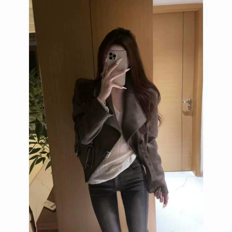 Американская ретро-куртка из замши большого размера для женщин, весенняя новинка, с широкими лацканами, атмосферная, с завышенной талией, короткая.