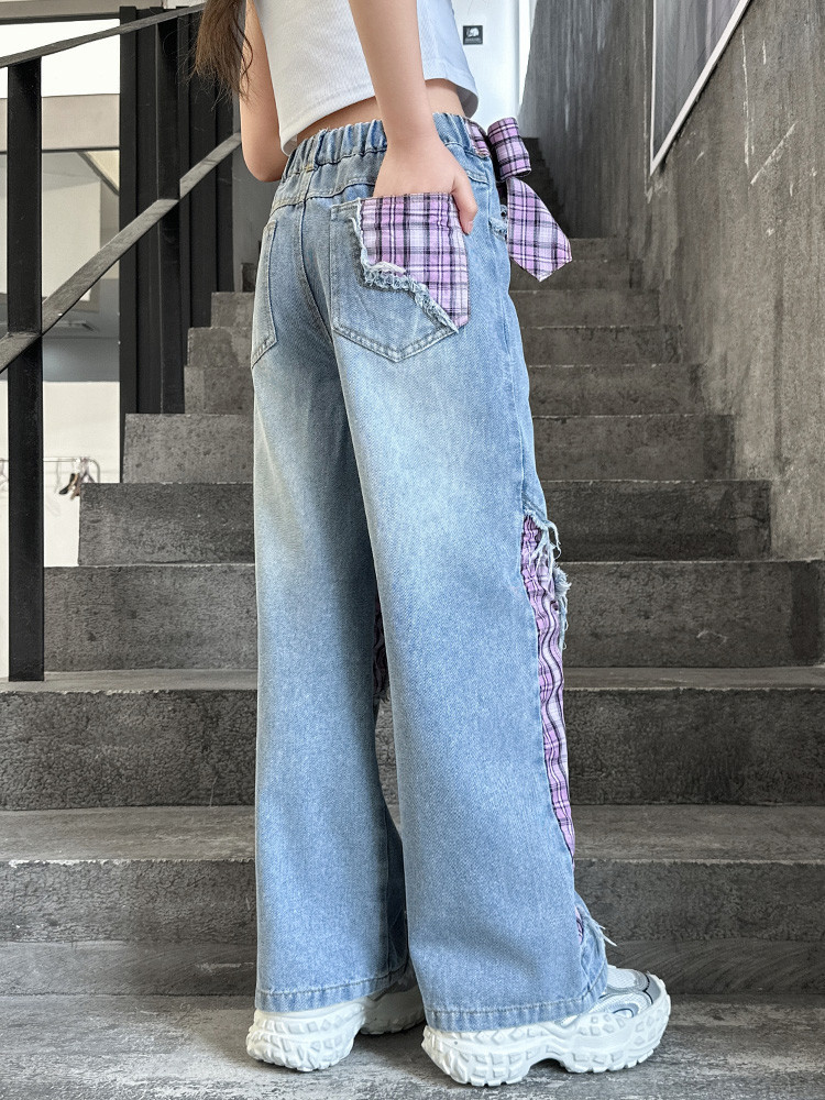 Jeans a gamba larga in denim effetto used per ragazze - Design patchwork vintage, vita elasticizzata comoda, stile streetwear (120 cm, blu)_voghion.com