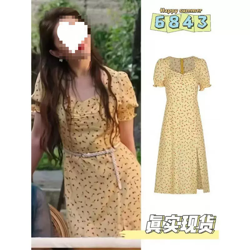 现货2025春夏去有风的地方刘亦菲许红豆同款泡泡袖开叉碎花连衣裙