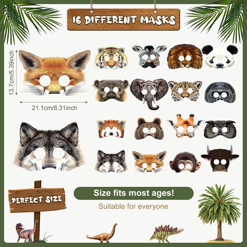 Cosplay Kindergarten Cartoon Animal Birthday Party Masks 16 Animal Masks Jungle Animal Paper Masks