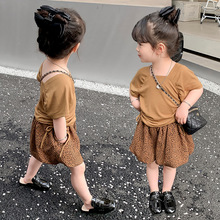 女童美拉德色系套装宽松中小童豹纹短裤短袖方领上衣女宝宝两件套
