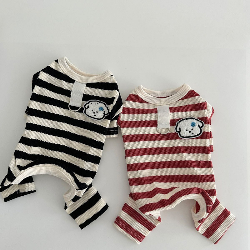 Autumn New Casual Striped Pet Four-Legged Clothing with Leash Attachment, Dog Jumpsuit for Bichon, Teddy, and Small Dogs
