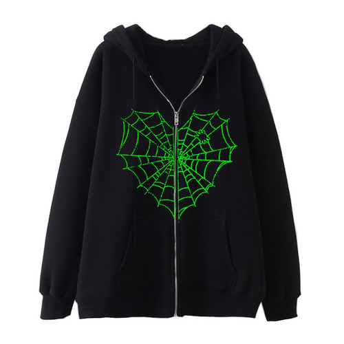 Spiderweb Print Hooded Sweatshirt Personal Casual Zipper Jacket European and American Trend Plus Size Women's Clothing
