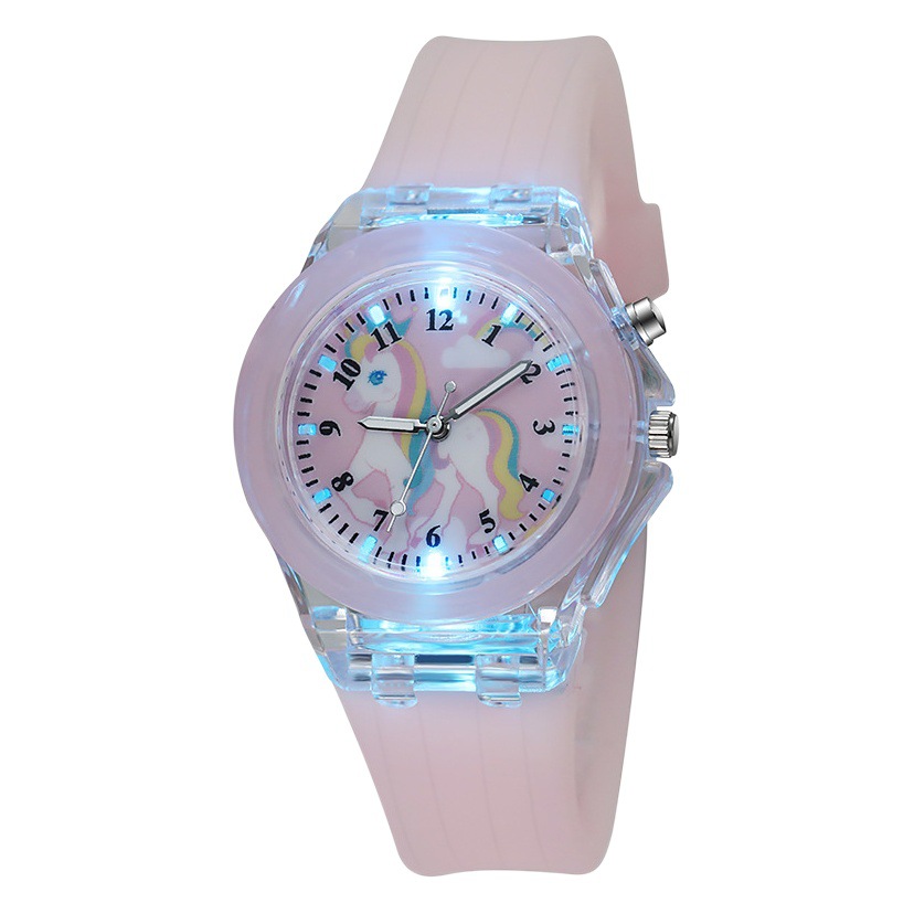 Reloj de unicornio de dibujos animados para niños, reloj luminoso intermitente de cuarzo para estudiantes de escuela primaria, suministro de reloj transfronterizo