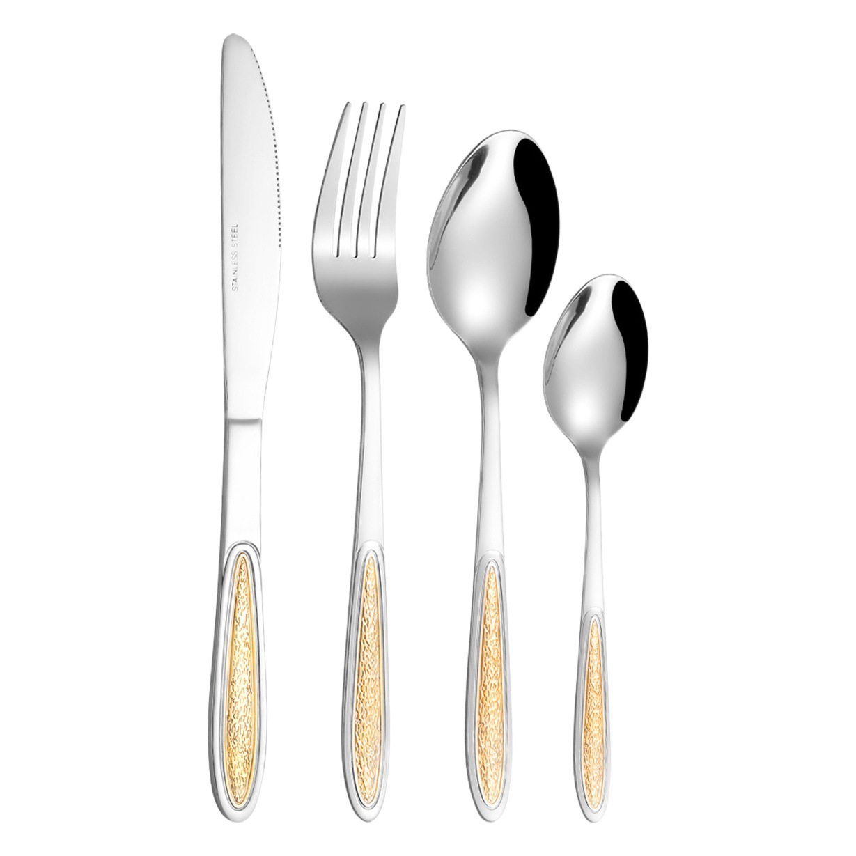 Cruz-Frontera de Oriente Medio vajilla de acero inoxidable cuchillo de carne y tenedor cuchara bolsa de PVC 6-pack en relieve cuchillo chapado en oro, tenedor y juego de cuchara