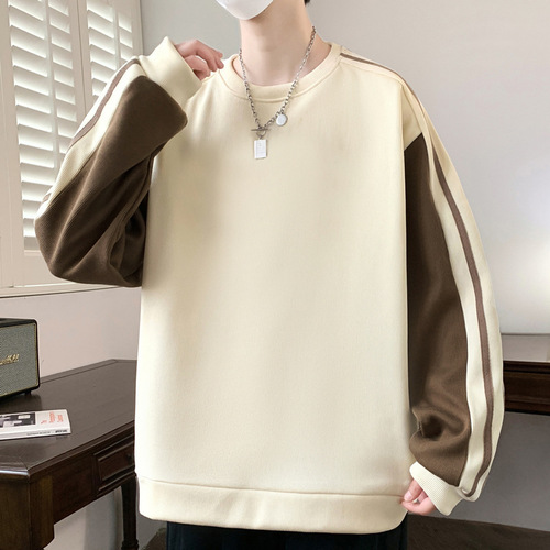 Couple's Hong Kong style splicing three-bar pull-up round collar sweater men's spring and autumn new style fashion brand all-matching loose base