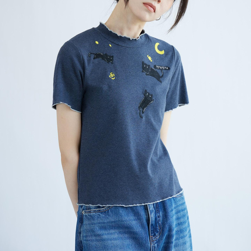 Starry Sky Cat T! Contains Wool, Heavy-Duty Imitation Hand-Embroidered Lace Collar Slimming Look T-Shirt for Women, New Summer