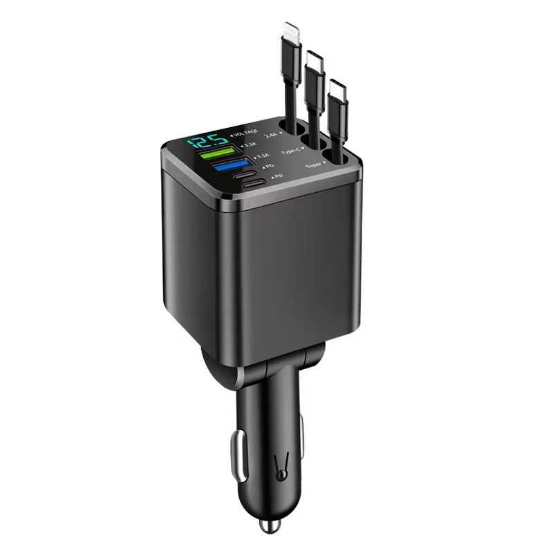 Digital display car charger with retractable cable, PD car fast charger, super fast charging five-in-one cigarette lighter, cross-border