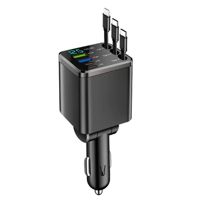 Digital display car charger with retractable cable, PD car fast charger, super fast charging five-in-one cigarette lighter, cross-border (Mobil şarj cihazları) - m14-dual-type-c-apple-stretch-cable-fast-charging-with-packaging