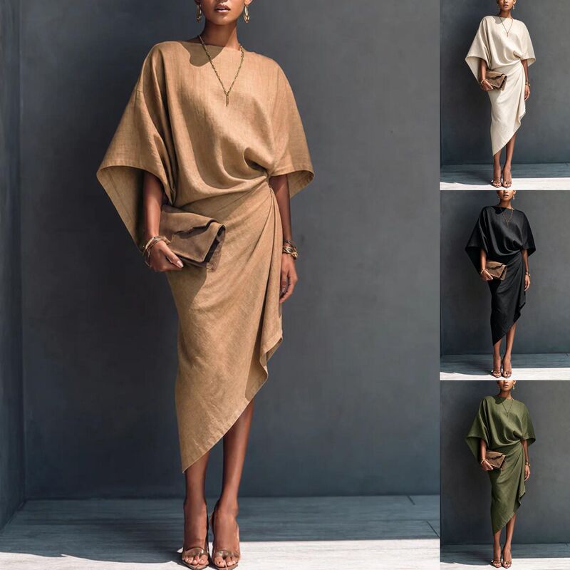 2026 Summer New European and American Fashion Batwing Sleeve Solid Color Long Dress for Women on Cross-Border E-commerce Platforms 2026 Summer New European and American Fashion Batwing Sleeve Solid Color Long Dress for Women on Cross-Border E-commerce Platforms