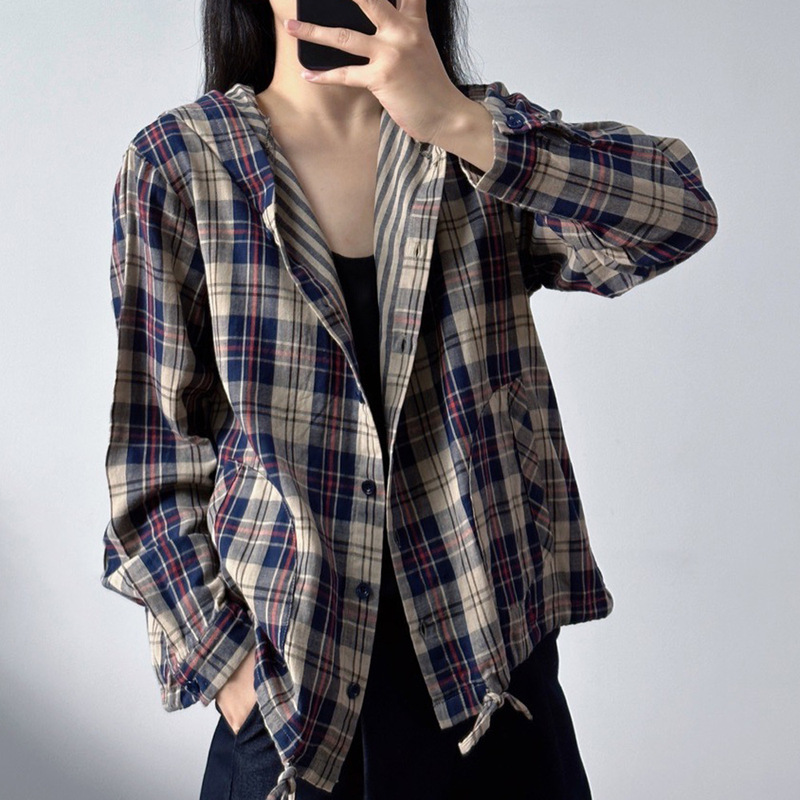 双层棉纱连帽格子衬衫女秋季新品休闲复古慵懒百搭减龄衬衣开衫潮|undefined