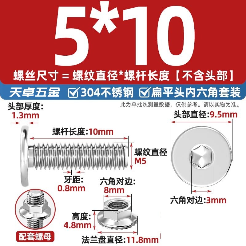 304不锈钢CM大平头超薄头C头扁平头内六角螺丝钉法兰边螺母套装M5|undefined