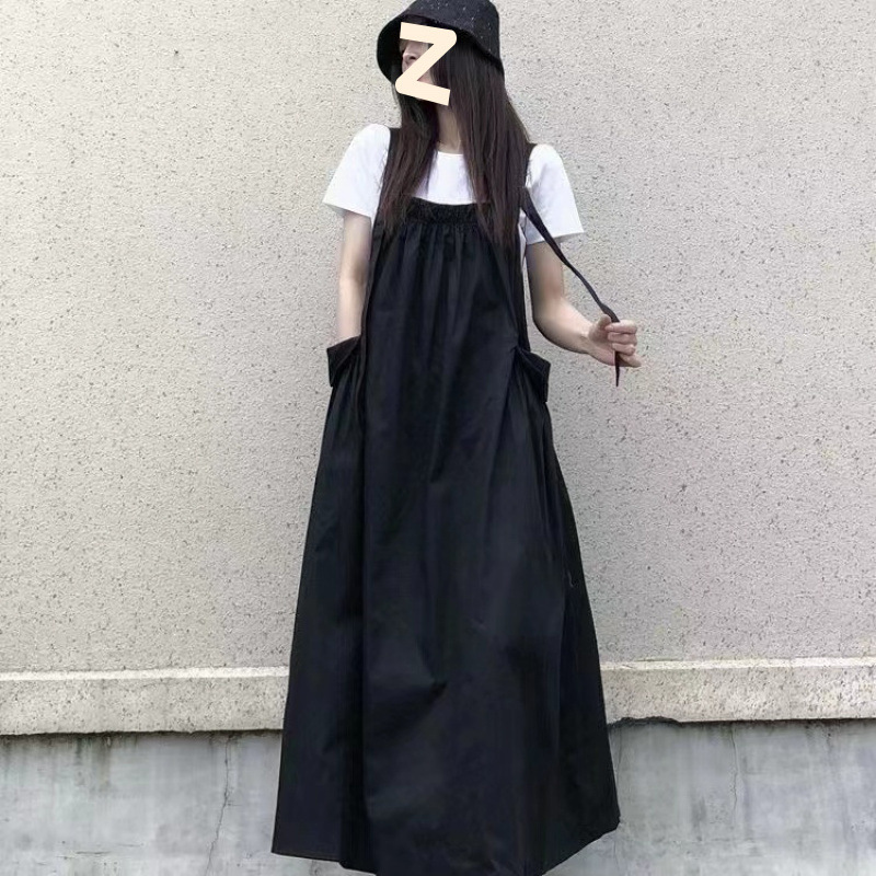 夏季新款赫本风背带连衣裙女学生宽松百搭显瘦中长款吊带裙两件套|undefined