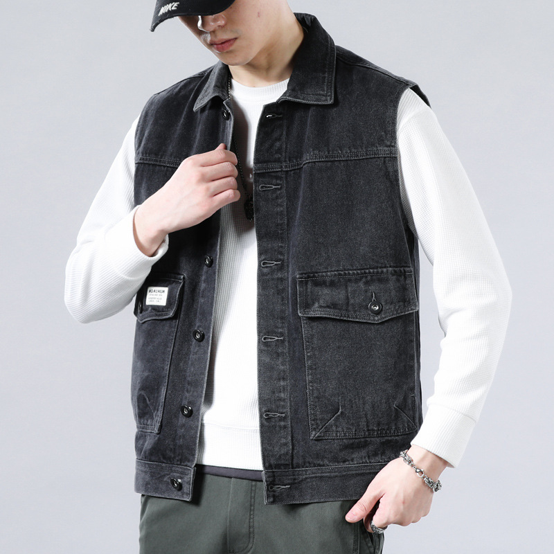 Men's Denim Vest Spring and Autumn Workwear Trendy Brand Casual All-match Puffy Handsome Waistcoat Sleeveless Loose Jacket Men's Vest