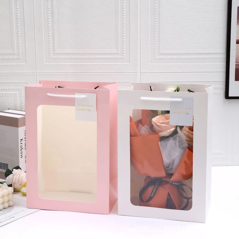 鲜花包装盒手提花盒花束包装袋透明开窗花盒橱窗手提袋花盒批发
